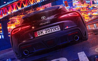 toyota supra, 4k, vista posterior, 2022 coches, luces traseras, tuning, negro toyota supra, 2022 toyota supra, los coches japoneses, toyota