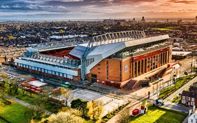 Anfield, 4k, evening, sunset, Liverpool FC Stadium, English football stadium, Premier League, football, Liverpool, Merseyside, England, Anfield Stadium, Liverpool FC
