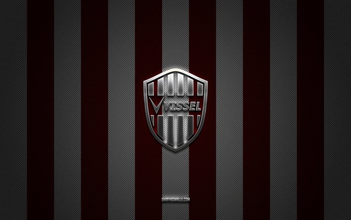 logotipo de vissel kobe, club de fútbol japonés, liga j1, fondo de carbono blanco burdeos, emblema de vissel kobe, fútbol, vissel kobe, japón, logotipo de metal plateado de vissel kobe