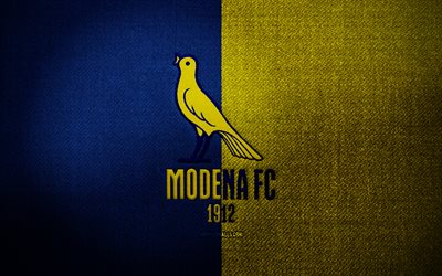 emblema do modena fc, 4k, azul tecido amarelo de fundo, serie b, modena fc logotipo, modena fc emblema, logotipo esportivo, modena fc bandeira, italiano futebol clube, modena calcio, futebol, modena fc