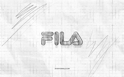 Fila sketch logo, 4K, checkered paper background, Fila black logo, sports brands, logo sketches, Fila logo, pencil drawing, Fila