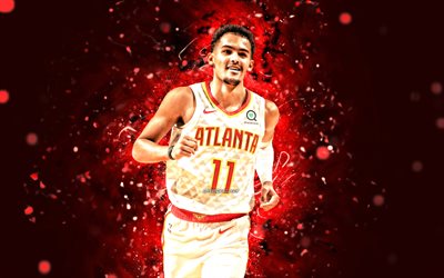 Trae Young, 4k, red neon lights, Atlanta Hawks, NBA, basketball, Trae Young 4K, red abstract background, Trae Young Atlanta Hawks