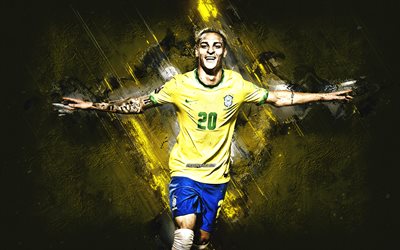 antony, brasilianische fußballnationalmannschaft, brasilianischer fußballer, gelber steinhintergrund, brasilien, fußball, antony matheus dos santos