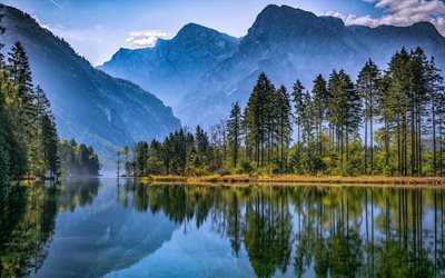 Lake Alm, summer, mountains, lakes, Almsee, Austria, Europe, austria landmarks, beautiful nature, Alps, HDR