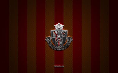 Nagoya Grampus logo, Japanese football club, J1 League, yellow red carbon background, Nagoya Grampus emblem, football, Nagoya Grampus, Japan, Nagoya Grampus silver metal logo