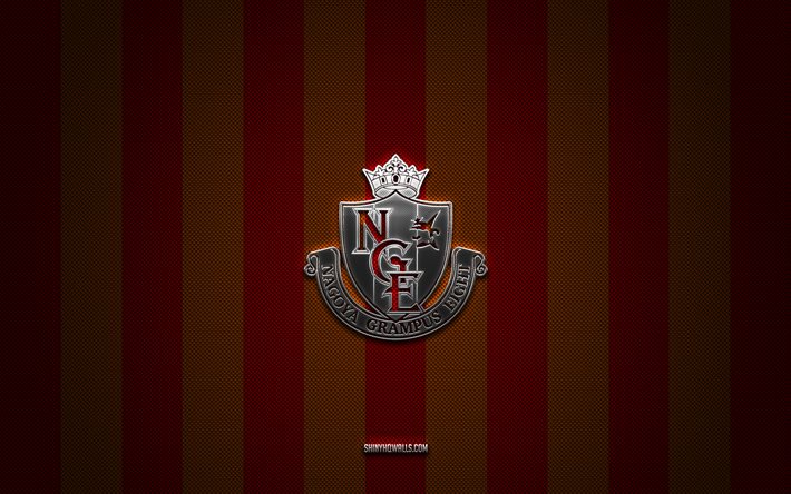 logotipo de nagoya grampus, club de fútbol japonés, liga j1, fondo de carbono rojo amarillo, emblema de nagoya grampus, fútbol, nagoya grampus, japón, logotipo de metal plateado de nagoya grampus