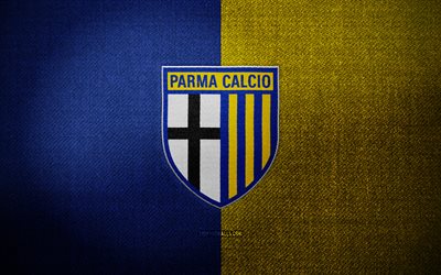 Parma Calcio 1913 badge, 4k, blue yellow fabric background, Serie B, Parma Calcio 1913 logo, Parma Calcio 1913 emblem, sports logo, Parma Calcio 1913 flag, italian football club, Parma Calcio 1913, soccer, football, Parma FC