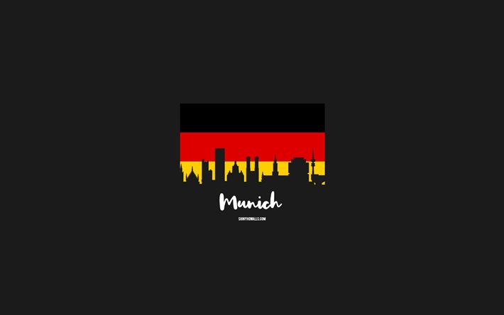 4k, ミュンヘン, ドイツの旗, ミュンヘンのスカイライン, ドイツの都市, ミュンヘンのミニマル アート, ミュンヘンの日, ミュンヘンのスカイライン シルエット, ミュンヘンの街並み, ミュンヘンが大好き, ドイツ, 灰色の背景