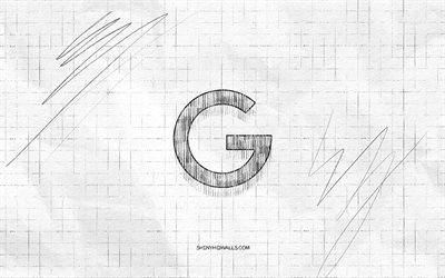 logo de croquis de google, 4k, fond de papier à carreaux, logo noir de google, marques, croquis de logo, logo de google, dessin au crayon, google