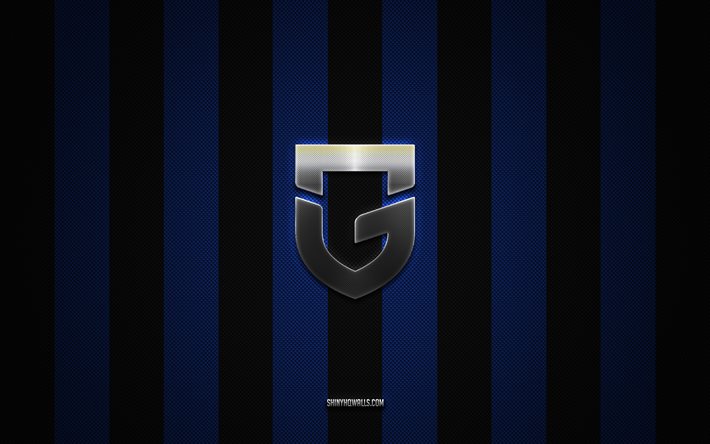 logotipo de gamba osaka, club de fútbol japonés, liga j1, fondo de carbono blanco negro azul, emblema de gamba osaka, fútbol, gamba osaka, japón, logotipo de metal plateado de gamba osaka