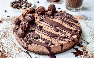 bolo de chocolate, 4k, bolo de café, cheesecake de chocolate, doces, bolos, sobremesa de chocolate, cheesecake de café, chocolates, sobremesas