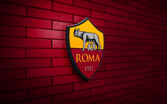 logotipo de as roma 3d, 4k, pared de ladrillo púrpura, serie a, fútbol, club de fútbol italiano, logotipo de as roma, emblema de as roma, as roma, logotipo deportivo, roma fc