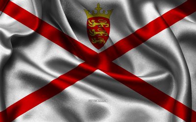 Jersey flag, 4K, European countries, satin flags, flag of Jersey, Day of Jersey, wavy satin flags, Jersey national symbols, Europe, Jersey