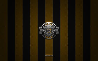 logotipo de kashiwa reysol, club de fútbol japonés, liga j1, fondo de carbono negro amarillo, emblema de kashiwa reysol, fútbol, kashiwa reysol, japón, logotipo de metal plateado de kashiwa reysol