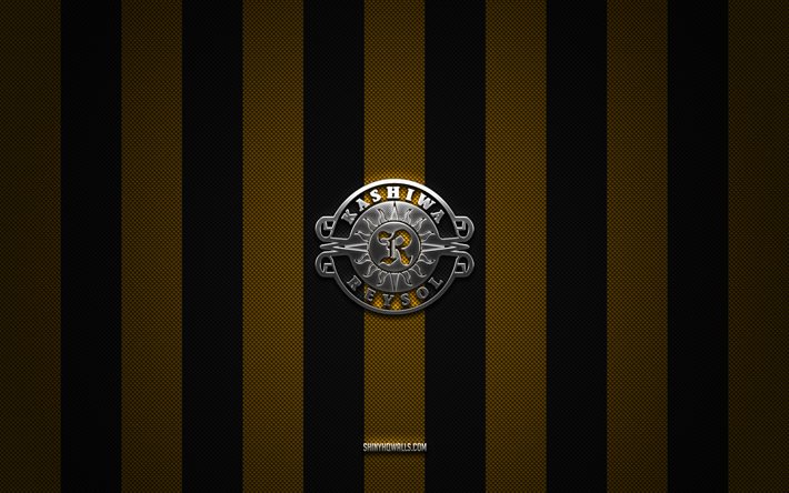 Kashiwa Reysol logo, Japanese football club, J1 League, yellow black carbon background, Kashiwa Reysol emblem, football, Kashiwa Reysol, Japan, Kashiwa Reysol silver metal logo