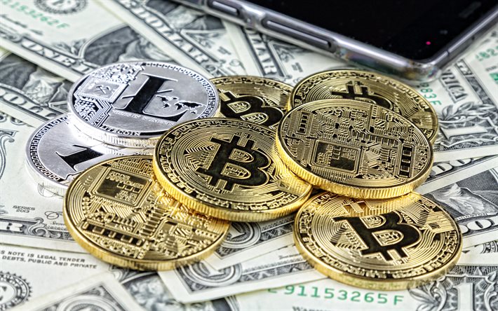 kripto para birimleri, 4k, elektronik para, bitcoin işareti, bitcoin altın para, litecoin, amerikan doları arka plan, bitcoin, finans kavramları, finans arka plan, litecoin gümüş para