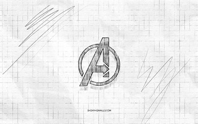 アベンジャーズ スケッチ ロゴ, 4k, 市松模様の紙の背景, アベンジャーズの黒いロゴ, スーパーヒーロー, ロゴスケッチ, アベンジャーズのロゴ, 鉛筆画, アベンジャーズ