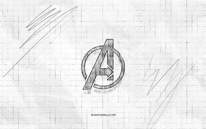 avengers-skizzenlogo, 4k, karierter papierhintergrund, schwarzes avengers-logo, superhelden, logo-skizzen, avengers-logo, bleistiftzeichnung, avengers