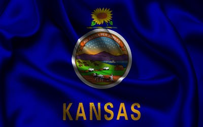 カンザスの旗, 4k, アメリカの州, サテンフラグ, カンザス州の旗, カンザスの日, 波状のサテンの旗, カンザス州, 米国の州, アメリカ合衆国, カンザス