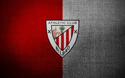 Athletic Bilbao badge, 4k, red white fabric background, LaLiga, Athletic Bilbao logo, Athletic Bilbao emblem, sports logo, Athletic Bilbao flag, Athletic Club, soccer, football, Athletic Bilbao FC