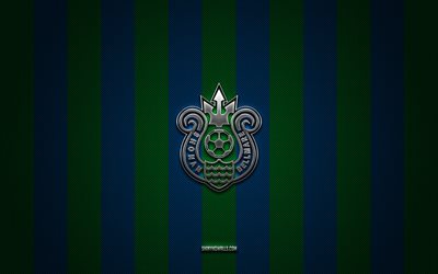 logotipo de shonan bellmare, club de fútbol japonés, liga j1, fondo de carbono azul verde, emblema de shonan bellmare, fútbol, shonan bellmare, japón, logotipo de metal plateado de shonan bellmare