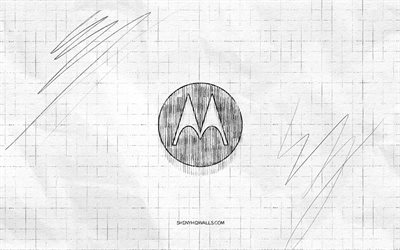 モトローラ スケッチ ロゴ, 4k, 市松模様の紙の背景, モトローラの黒いロゴ, ブランド, ロゴスケッチ, モトローラのロゴ, 鉛筆画, モトローラ