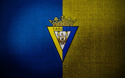カディス cf バッジ, 4k, 青黄色の布の背景, ラ・リーガ, カディスcfのロゴ, カディスcfのエンブレム, スポーツのロゴ, カディスcfの旗, スペインのサッカークラブ, カディスcf, サッカー, フットボール, カディスfc