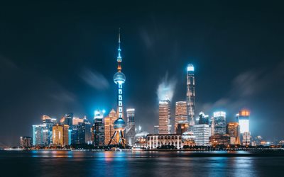 shanghai, oriental pearl tower, notte, grattacieli, torre della tv, shanghai world financial center, edifici moderni, metropoli, skyline di shanghai di notte, paesaggio urbano di shanghai
