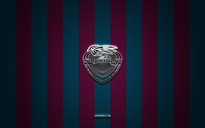 Sagan Tosu logo, Japanese football club, J1 League, blue pink carbon background, Sagan Tosu emblem, football, Sagan Tosu, Japan, Sagan Tosu silver metal logo