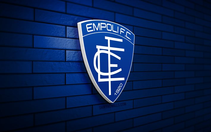 empoli fc logo 3d, 4k, muro di mattoni blu, serie a, calcio, squadra di calcio italiana, logo empoli fc, emblema empoli fc, empoli, logo sportivo, empoli fc