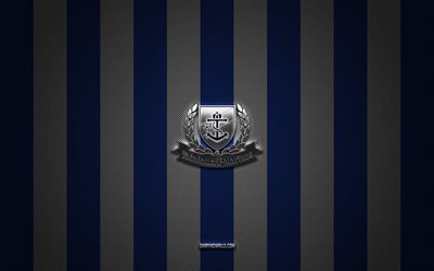 yokohama f marinos logo, japanischer fußballverein, j1 league, blau-weißer karbonhintergrund, yokohama f marinos emblem, fußball, yokohama f marinos, japan, yokohama f marinos silbermetalllogo