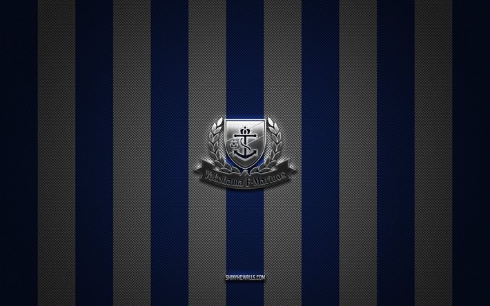 yokohama f marinos logo, japanischer fußballverein, j1 league, blau-weißer karbonhintergrund, yokohama f marinos emblem, fußball, yokohama f marinos, japan, yokohama f marinos silbermetalllogo