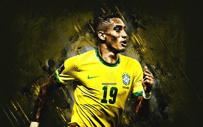 raphinha, selección de fútbol de brasil, retrato, jugador de fútbol brasileño, brasil, fútbol, fondo de piedra amarilla, raphael dias belloli