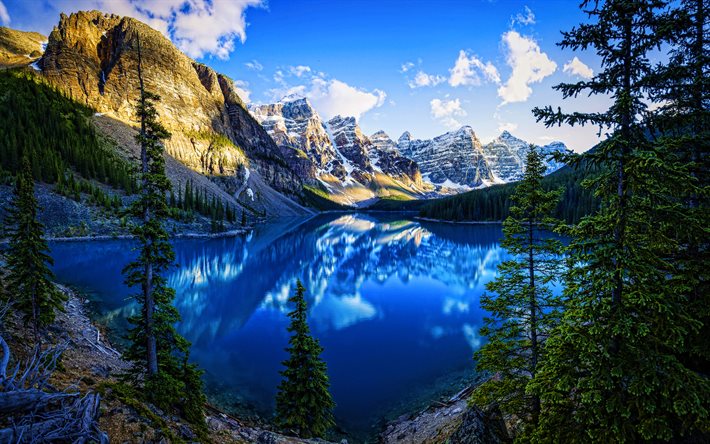 4k, Moraine Lake, HDR, summer, canadian landmarks, mountains, blue lakes, Banff National Park, travel concepts, Canada, Alberta, Banff