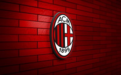 AC Milan 3D logo, 4K, red brickwall, Serie A, soccer, italian football club, AC Milan logo, AC Milan emblem, football, AC Milan, sports logo, Milan FC
