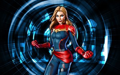 captain marvel, 4k, blauer abstrakter hintergrund, fortnite, abstrakte strahlen, captain marvel skin, fortnite captain marvel skin, fortnite charaktere, captain marvel fortnite