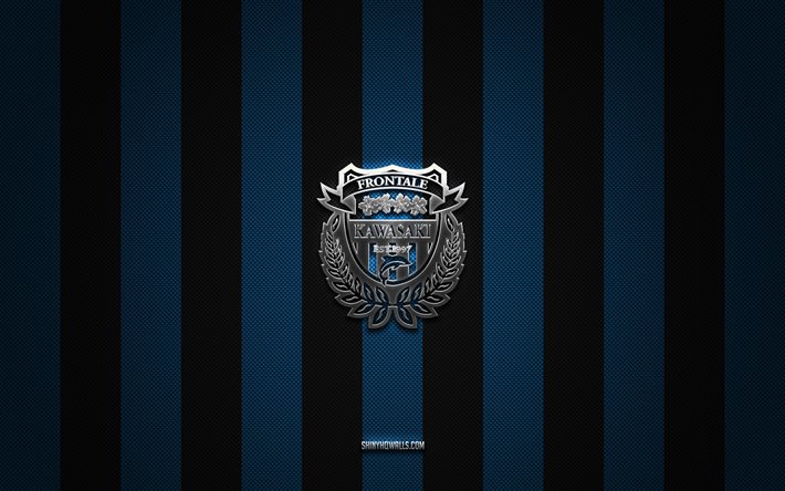 kawasaki frontale logo, japonês futebol clube, j1 league, azul preto carbono de fundo, kawasaki frontale emblema, futebol, kawasaki frontale, japão, kawasaki frontale prata logotipo do metal