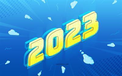 4k, 2023 3d 아트, 2023년 새해 복 많이 받으세요, 파란색 2023 배경, 2023년 컨셉, 노란색 3d 편지, 2023년 인사말 카드, 2023 3d 배경