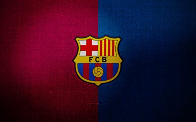 FC Barcelona badge, 4k, purple blue fabric background, LaLiga, FC Barcelona logo, FC Barcelona emblem, sports logo, FC Barcelona flag, Barca, spanish football club, FC Barcelona, soccer, FCB, football, Barcelona FC