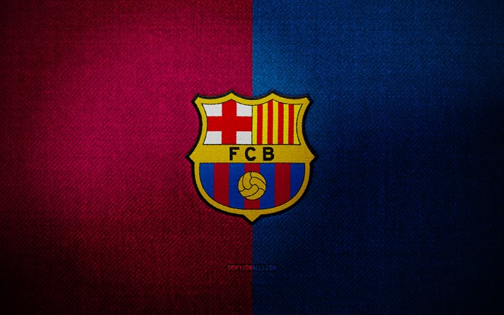 insigne du fc barcelone, 4k, fond de tissu bleu violet, laliga, le logo du fc barcelone, l emblème du fc barcelone, le logo du sport, le drapeau du fc barcelone, le barça, le club de football espagnol, le fc barcelone, le football, le fcb