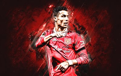 Cristiano Ronaldo, CR7, Portuguese football player, Manchester United FC, portrait, world football star, Premier League, England, football, red grunge background
