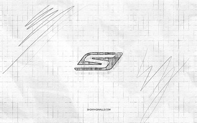 logo de croquis skechers, 4k, fond de papier à carreaux, logo noir skechers, marques, croquis de logo, logo skechers, dessin au crayon, skechers