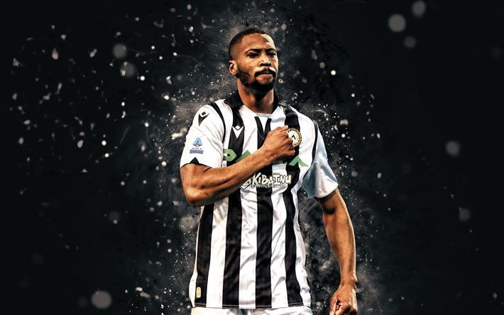 Beto, 4k, white neon lights, Udinese FC, soccer, Serie A, Portuguese footballers, Beto 4K, Udinese Calcio, Norberto Bercique Gomes Betuncal, black abstract background, football, Beto Udinese