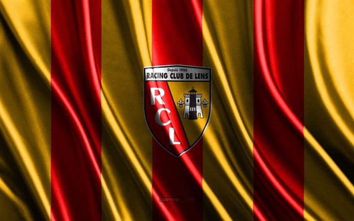 RC Lens logo, Ligue 1, red yellow silk texture, RC Lens flag, French football team, RC Lens, football, silk flag, RC Lens emblem, France, RC Lens badge