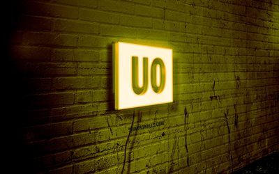Urban Outfitters neon logo, 4k, yellow brickwall, grunge art, creative, logo on wire, Urban Outfitters yellow logo, Urban Outfitters logo, artwork, Urban Outfitters