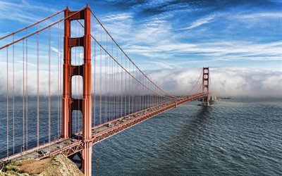 golden gate bridge, matin, lever du soleil, brouillard, golden gate, baie de san francisco, détroit, océan pacifique, san francisco, pont suspendu, californie, états-unis