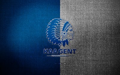 distintivo kaa gent, 4k, sfondo in tessuto bianco blu, jupiler pro league, logo kaa gent, emblema kaa gent, logo sportivo, squadra di calcio belga, kaa gent, calcio, gent fc