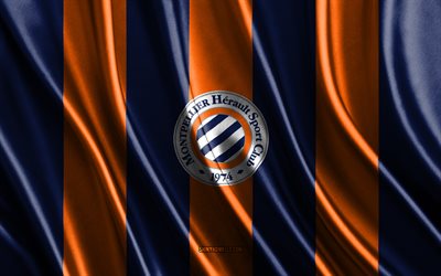 logotipo de montpellier hsc, ligue 1, textura de seda azul naranja, bandera de montpellier hsc, equipo de fútbol francés, montpellier hsc, fútbol, ​​bandera de seda, emblema de montpellier hsc, francia, insignia de montpellier hsc, montpellier