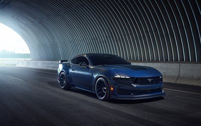 4k, ford mustang, tunnel, 2023 voitures, muscle cars, supercars, phares, 2023 ford mustang, bleu ford mustang, voitures américaines, ford