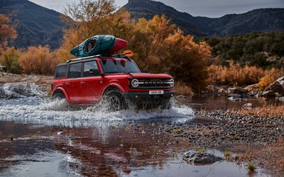 2022, Ford Bronco, 4k, front view, exterior, SUV, red Ford Bronco, active travel, river driving, new Bronco 2023, american cars, Ford